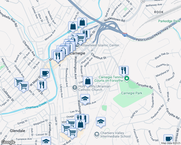 map of restaurants, bars, coffee shops, grocery stores, and more near 428 Fountain Street in Carnegie