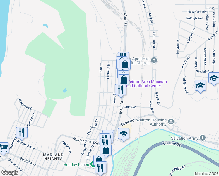 map of restaurants, bars, coffee shops, grocery stores, and more near 216 Ferguson Avenue in Weirton
