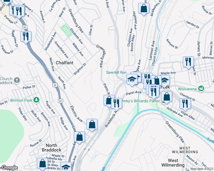 map of restaurants, bars, coffee shops, grocery stores, and more near 202 Penn Avenue Extension in Turtle Creek