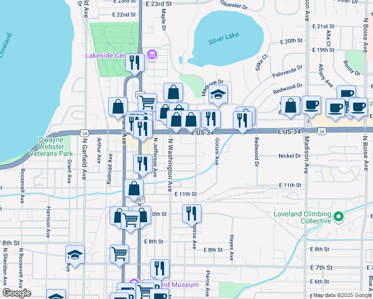 map of restaurants, bars, coffee shops, grocery stores, and more near 540 East 13th Street in Loveland