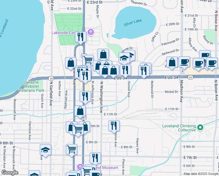 map of restaurants, bars, coffee shops, grocery stores, and more near 540 East 13th Street in Loveland