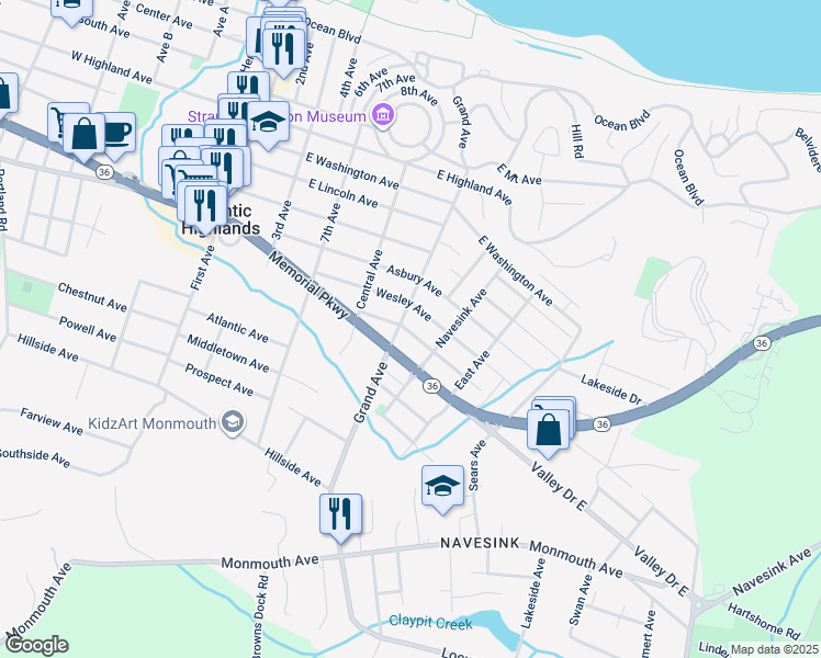 map of restaurants, bars, coffee shops, grocery stores, and more near 44 Highland Avenue in Red Bank