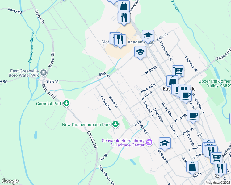map of restaurants, bars, coffee shops, grocery stores, and more near 448 A State Street in East Greenville