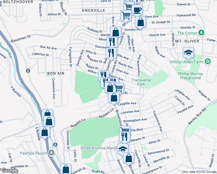 map of restaurants, bars, coffee shops, grocery stores, and more near 1103 Brownsville Road in Pittsburgh