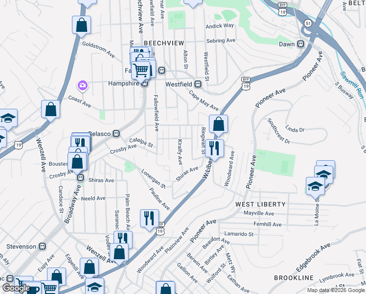 map of restaurants, bars, coffee shops, grocery stores, and more near 1870 Kiralfy Avenue in Pittsburgh