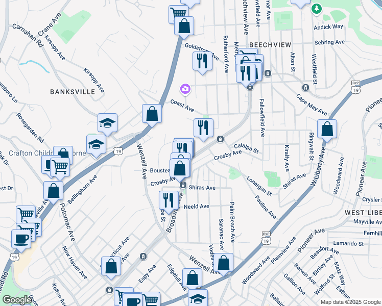 map of restaurants, bars, coffee shops, grocery stores, and more near 2025 Broadway Avenue in Pittsburgh