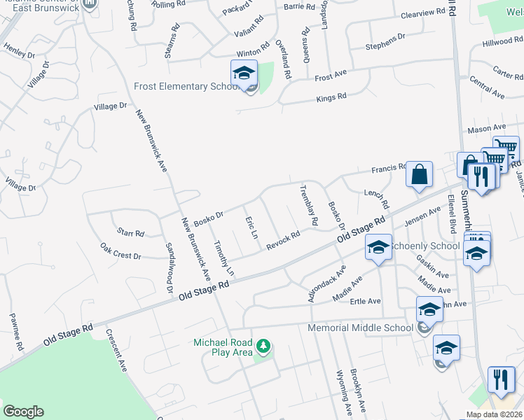 map of restaurants, bars, coffee shops, grocery stores, and more near 12 Jefferson Road in East Brunswick