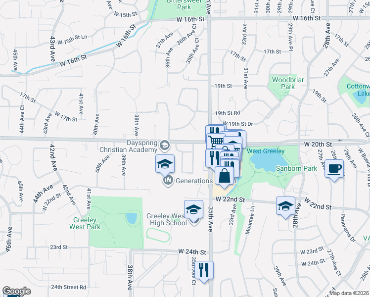 map of restaurants, bars, coffee shops, grocery stores, and more near 2065 36th Avenue in Greeley