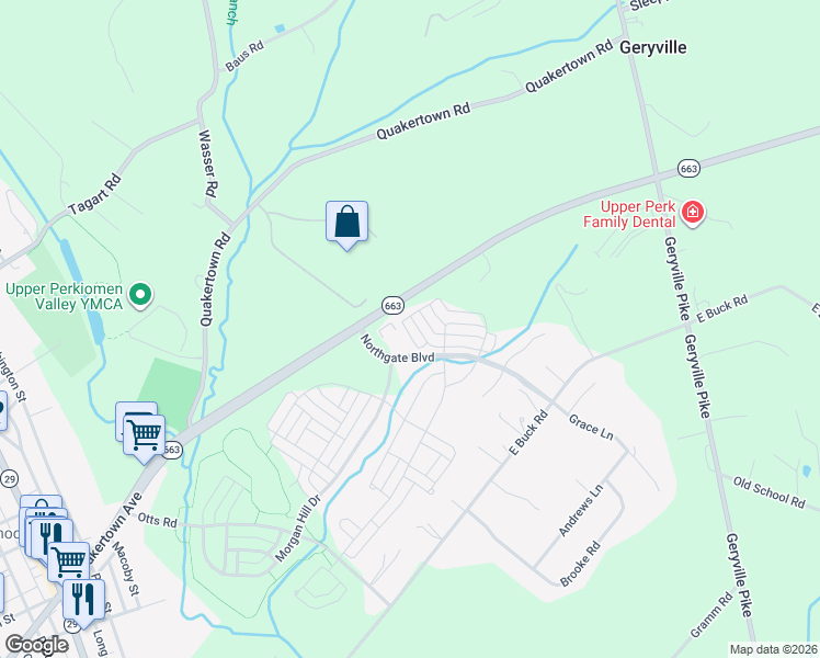 map of restaurants, bars, coffee shops, grocery stores, and more near 3059 Goshen Drive in Pennsburg