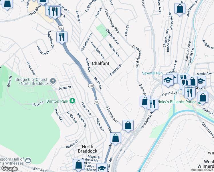 map of restaurants, bars, coffee shops, grocery stores, and more near 146 Quarry Street in East Pittsburgh