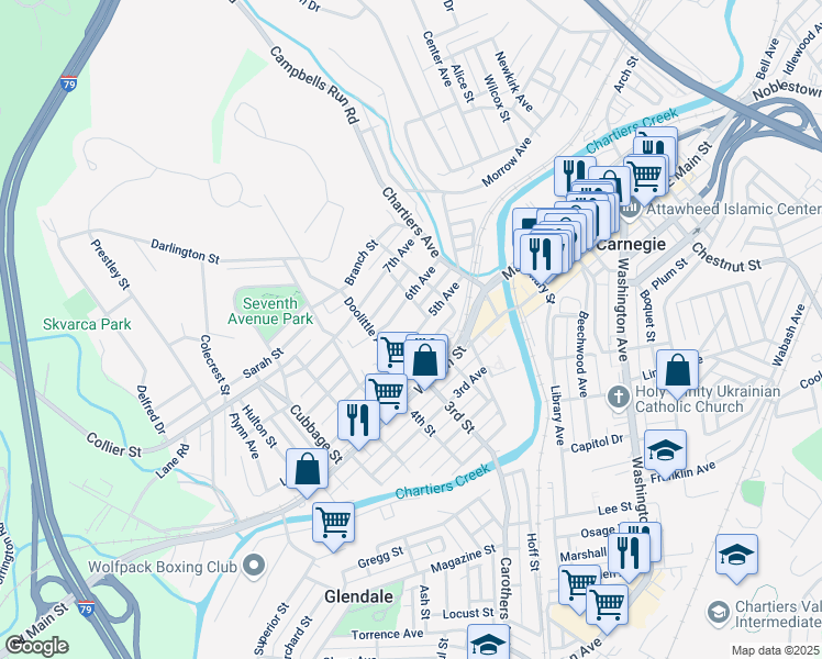 map of restaurants, bars, coffee shops, grocery stores, and more near 314 5th Avenue in Carnegie