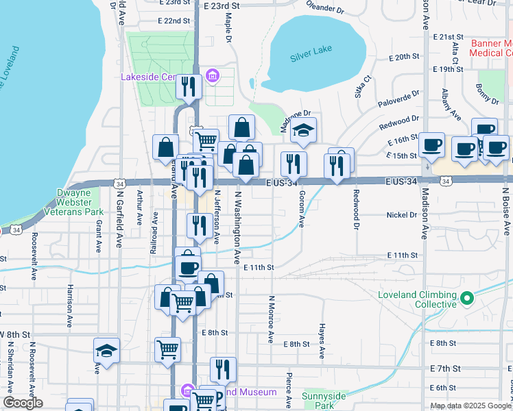 map of restaurants, bars, coffee shops, grocery stores, and more near 521 East 13th Street in Loveland