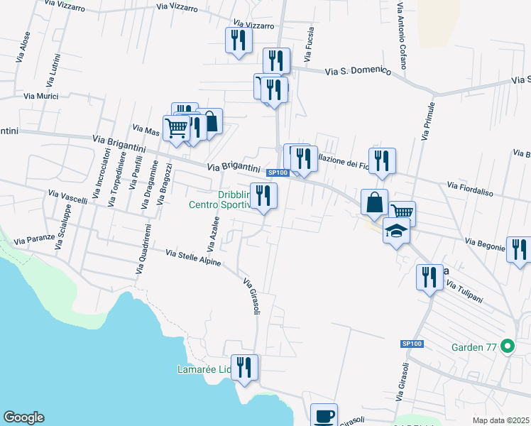 map of restaurants, bars, coffee shops, grocery stores, and more near 22 Via Orchidee in Taranto
