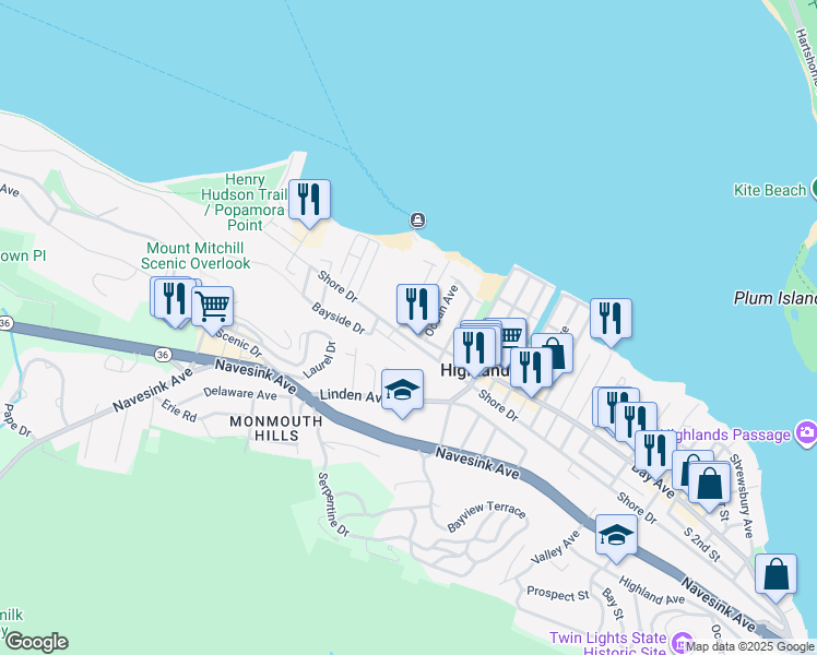 map of restaurants, bars, coffee shops, grocery stores, and more near 319 Shore Drive in Highlands