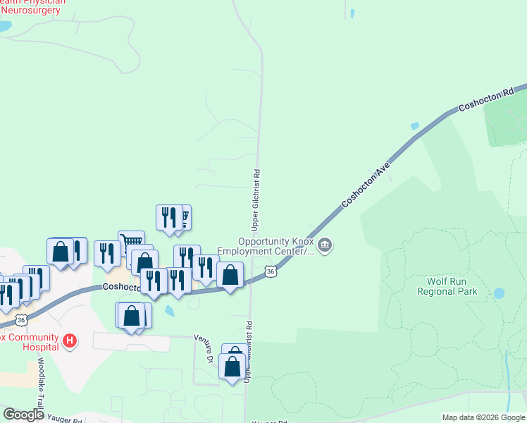 map of restaurants, bars, coffee shops, grocery stores, and more near 11850 Upper Gilchrist Road in Mount Vernon