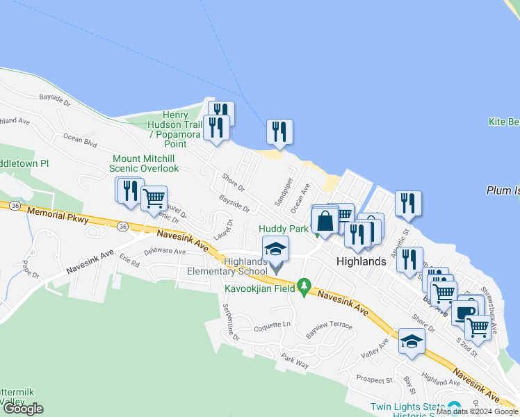 map of restaurants, bars, coffee shops, grocery stores, and more near 7 William Street in Highlands