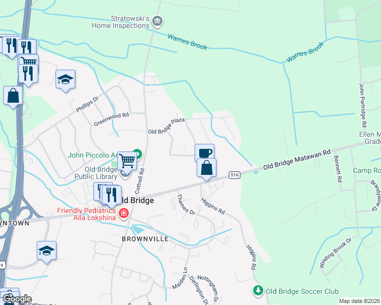 map of restaurants, bars, coffee shops, grocery stores, and more near 28 Portsmouth Drive in Old Bridge