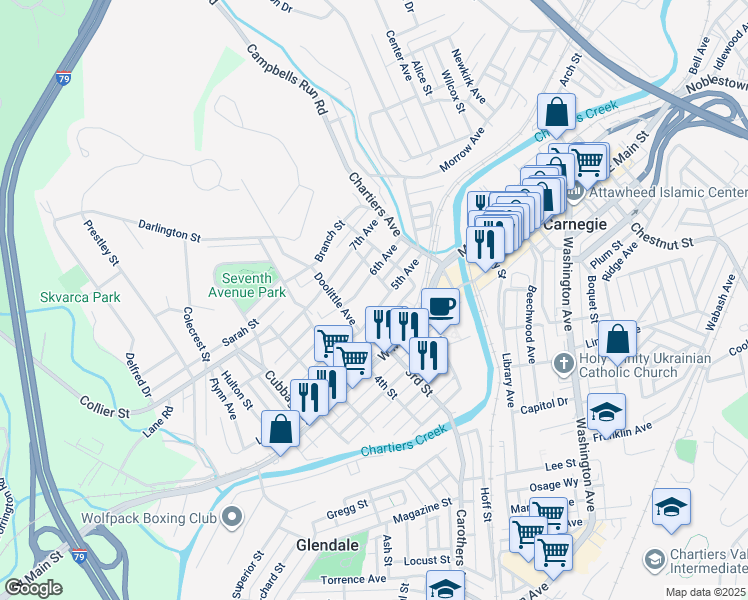 map of restaurants, bars, coffee shops, grocery stores, and more near 372 5th Avenue in Carnegie