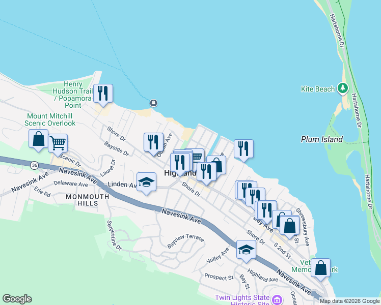 map of restaurants, bars, coffee shops, grocery stores, and more near in Highlands