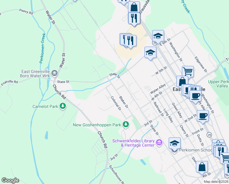 map of restaurants, bars, coffee shops, grocery stores, and more near 522 Colonial Drive in East Greenville
