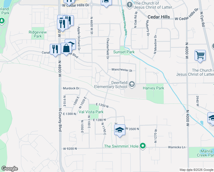 map of restaurants, bars, coffee shops, grocery stores, and more near 9587 North 4500 West in Cedar Hills