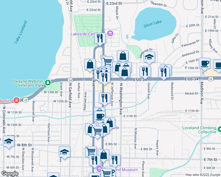 map of restaurants, bars, coffee shops, grocery stores, and more near 1231 North Jefferson Avenue in Loveland
