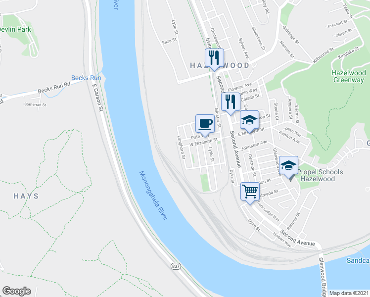 map of restaurants, bars, coffee shops, grocery stores, and more near 425 West Elizabeth Street in Pittsburgh
