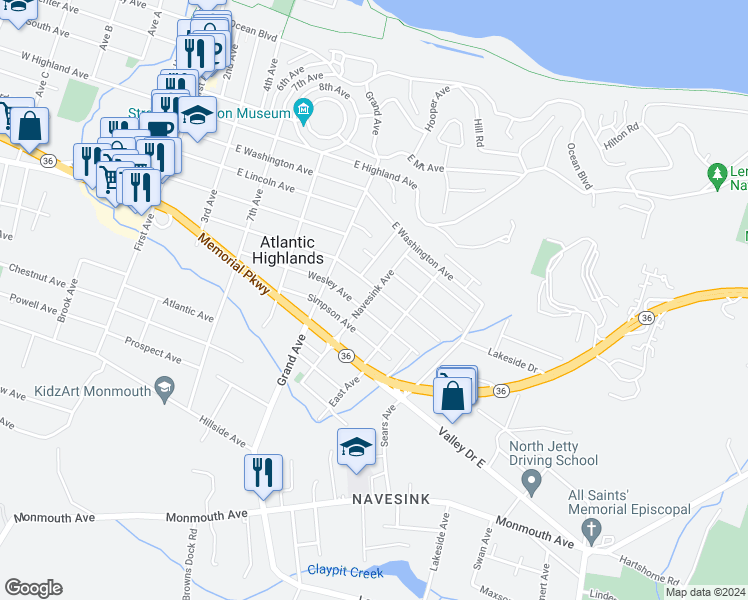 map of restaurants, bars, coffee shops, grocery stores, and more near 28 Navesink Avenue in Atlantic Highlands