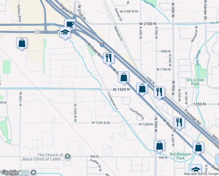 map of restaurants, bars, coffee shops, grocery stores, and more near 902 West 1500 North in Lehi