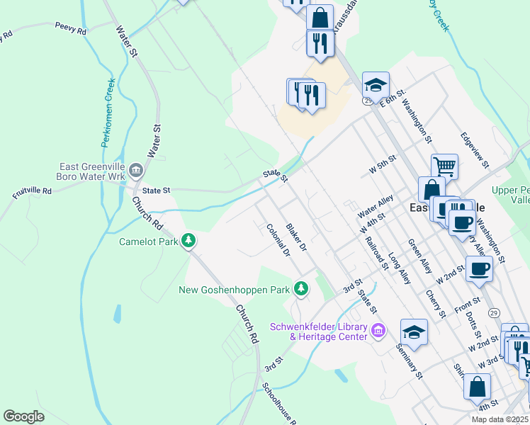 map of restaurants, bars, coffee shops, grocery stores, and more near 545 Colonial Drive in East Greenville