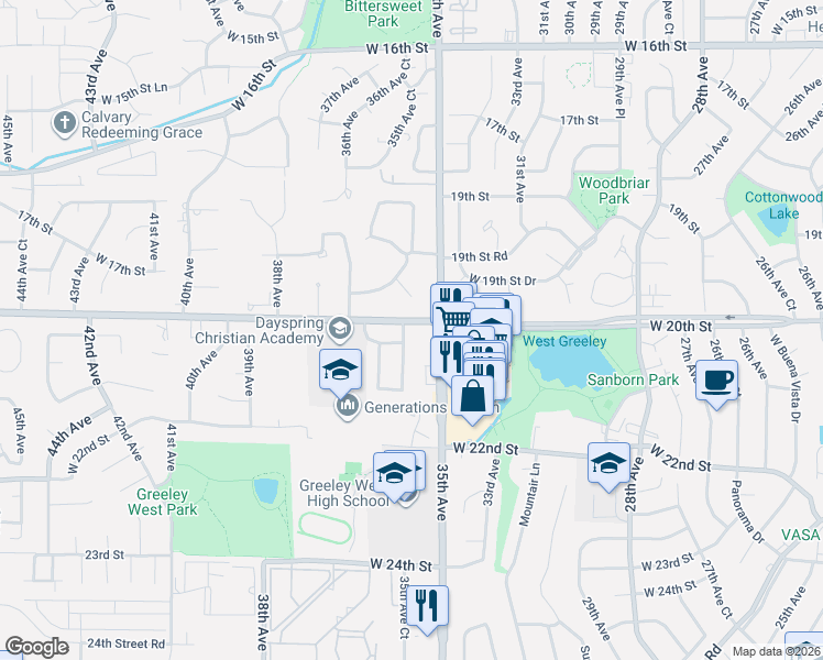 map of restaurants, bars, coffee shops, grocery stores, and more near 3526 Wagon Trail Place in Greeley