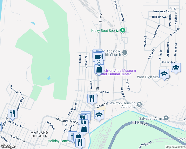 map of restaurants, bars, coffee shops, grocery stores, and more near 3132 West Street in Weirton