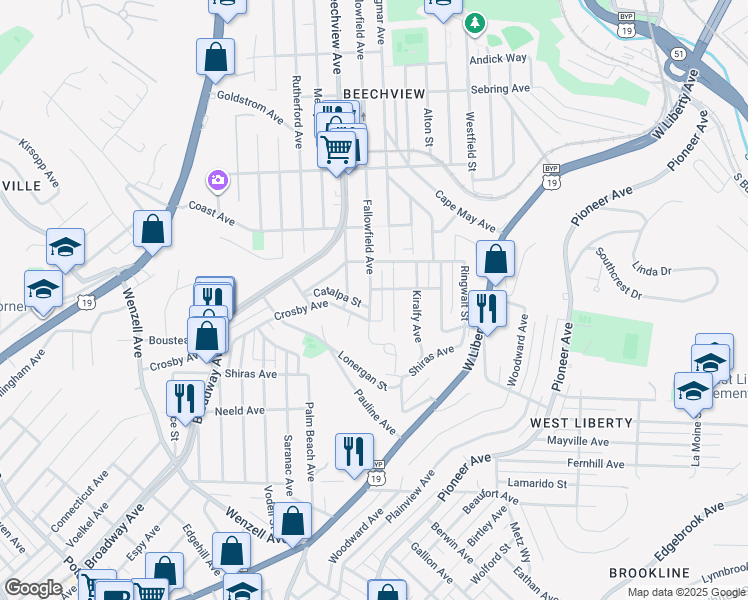 map of restaurants, bars, coffee shops, grocery stores, and more near 1813 Fallowfield Avenue in Pittsburgh