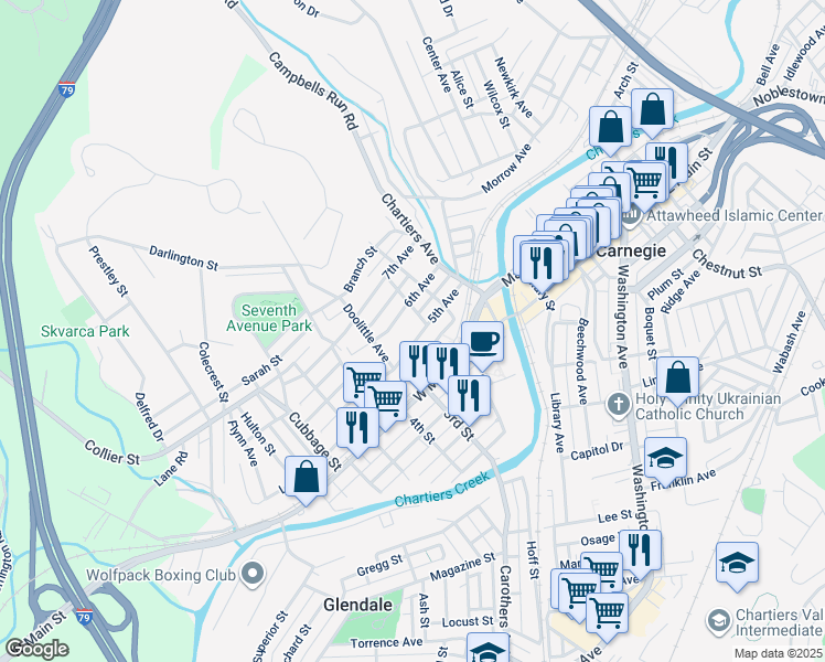 map of restaurants, bars, coffee shops, grocery stores, and more near 308 5th Avenue in Carnegie