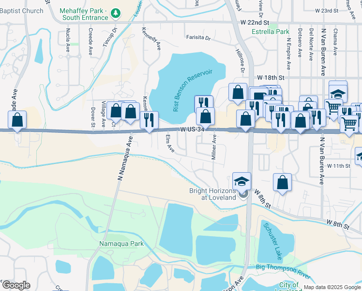 map of restaurants, bars, coffee shops, grocery stores, and more near 1348 Pine Street in Loveland