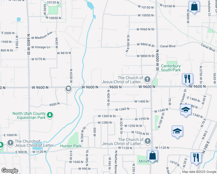 map of restaurants, bars, coffee shops, grocery stores, and more near 6357 West 9600 North Street in Highland