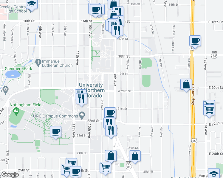 map of restaurants, bars, coffee shops, grocery stores, and more near 1920 U.S. 85 Business in Greeley