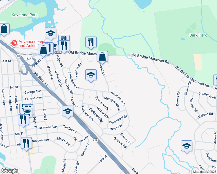 map of restaurants, bars, coffee shops, grocery stores, and more near 9 Sherwood Lane in Old Bridge