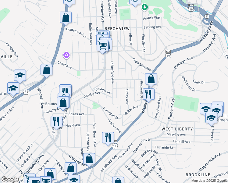 map of restaurants, bars, coffee shops, grocery stores, and more near 1813 Fallowfield Avenue in Pittsburgh