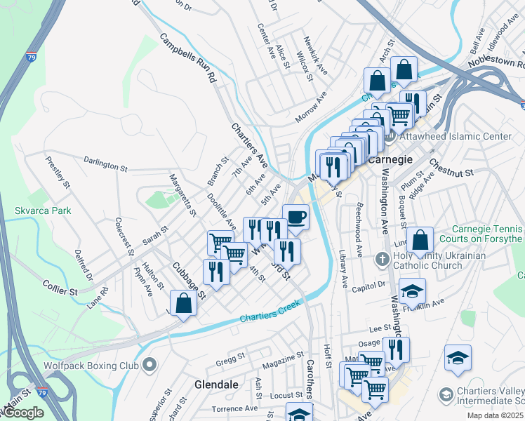 map of restaurants, bars, coffee shops, grocery stores, and more near 200 5th Avenue in Carnegie