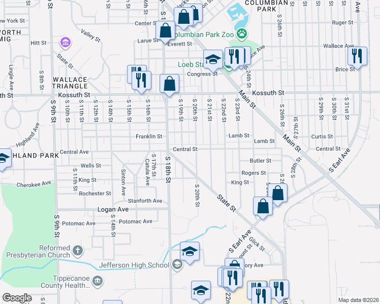 map of restaurants, bars, coffee shops, grocery stores, and more near 1013 South 19th Street in Lafayette