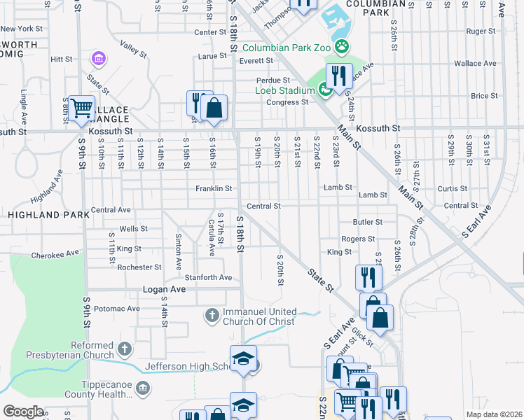 map of restaurants, bars, coffee shops, grocery stores, and more near 1013 South 19th Street in Lafayette