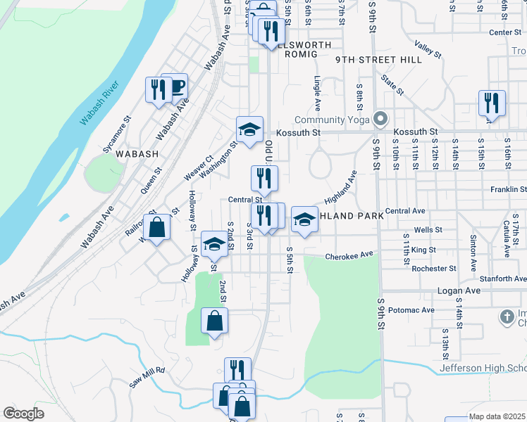 map of restaurants, bars, coffee shops, grocery stores, and more near 1002 South 4th Street in Lafayette