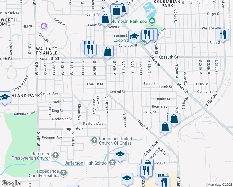 map of restaurants, bars, coffee shops, grocery stores, and more near 1013 South 19th Street in Lafayette