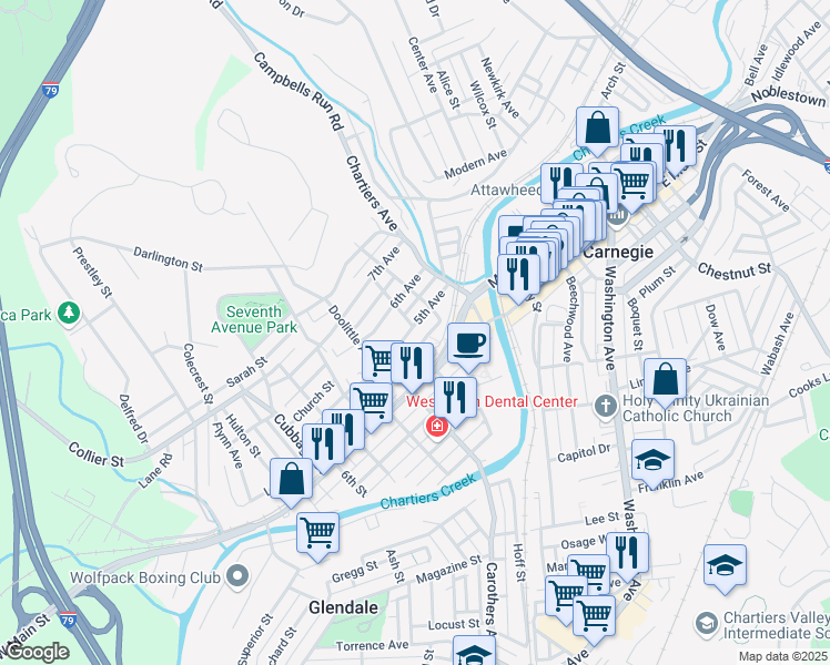 map of restaurants, bars, coffee shops, grocery stores, and more near 303 5th Avenue in Carnegie