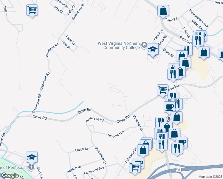 map of restaurants, bars, coffee shops, grocery stores, and more near 400 Heathermoor Drive in Weirton