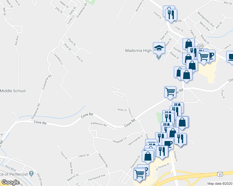 map of restaurants, bars, coffee shops, grocery stores, and more near 507 Heathermoor Drive in Weirton