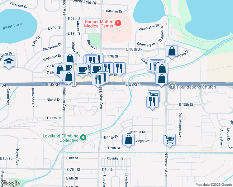 map of restaurants, bars, coffee shops, grocery stores, and more near 1739 East 13th Street in Loveland