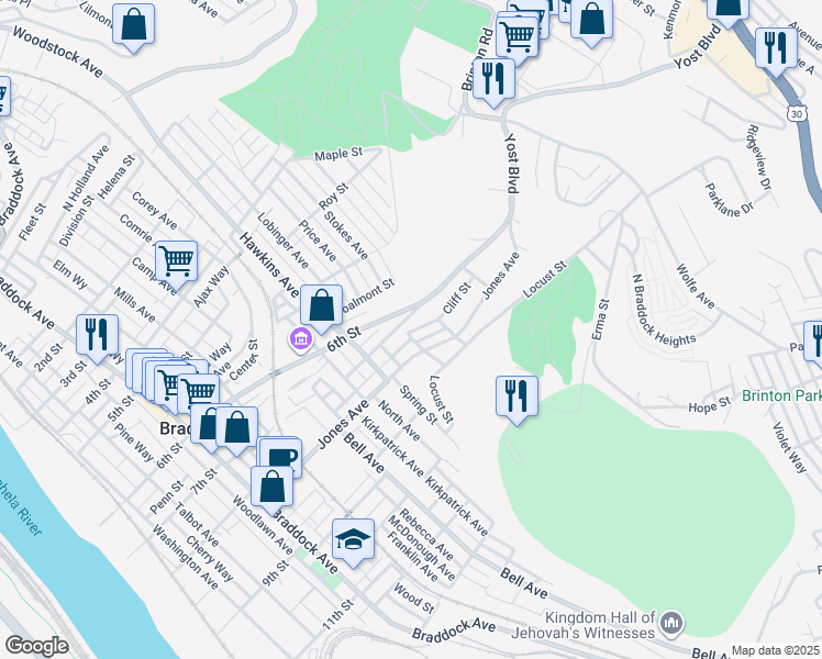 map of restaurants, bars, coffee shops, grocery stores, and more near 909 6th Street in Braddock