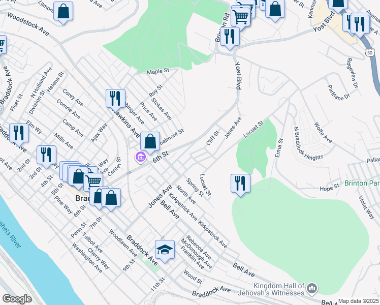 map of restaurants, bars, coffee shops, grocery stores, and more near 909 6th Street in Braddock
